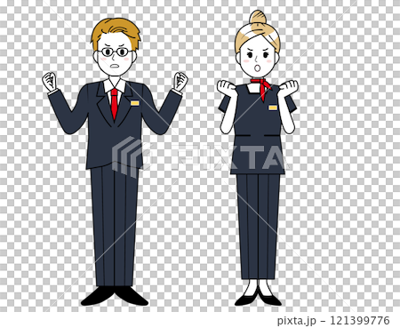 Illustration of male and female sales staff serving customers 121399776
