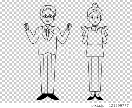 Illustration of male and female sales staff serving customers 121399777