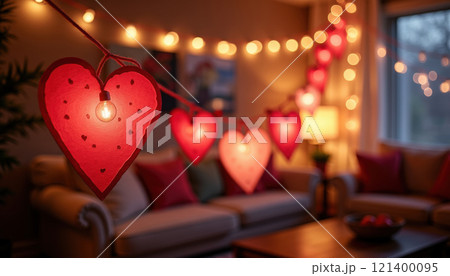 Heart-shaped string lights in cozy Valentines room 121400095