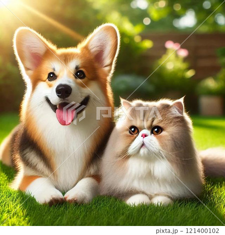 お庭でまどろむ犬のコーギーと猫のエキゾチックショートヘア 121400102