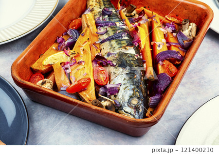 Baked Mackerel with Roasted Vegetables Baked Mackerel with Roasted Vegetables 121400210