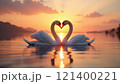 Two swans forming a heart shape at sunset on a lake. 121400221