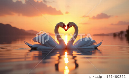Two swans forming a heart shape at sunset on a lake. Two swans forming a heart shape at sunset on a lake. 121400221