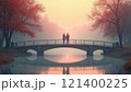 Couple holding hands on a misty bridge at sunrise 121400225