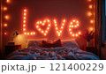 Romantic bedroom with glowing love sign and cozy lighting 121400229