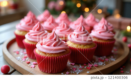 Pink frosted cupcakes for Valentines Day celebration 121400306