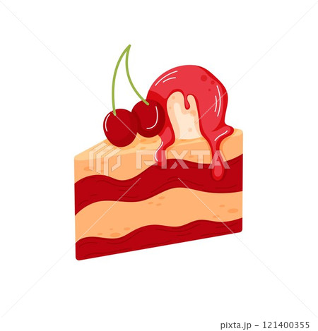Slice of layered cherry cake with red filling, topped with cherries and dripping glaze in cartoon style. A sweet dessert perfect for celebration, romantic theme or festive occasion. 121400355