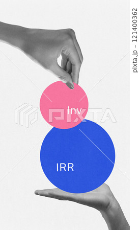 Cotemporary art collage. Hands balancing circles indicating relationship between investments and returns, emphasizing strategic resource allocation. 121400362