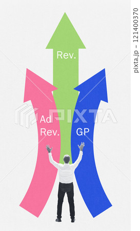 Cotemporary art collage. Revenue streams. Arrows pointing upward representing various income sources, such as sales, ads, and partnerships. Cotemporary art collage. Revenue streams. Arrows pointing upward representing various income sources, such as sales, ads, and partnerships. 121400370
