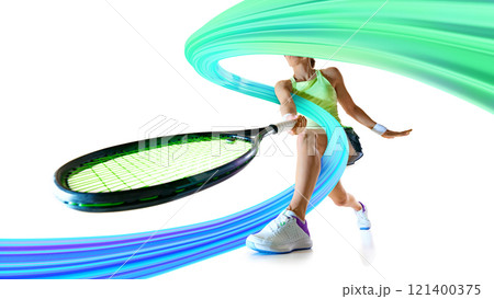 Poster. Contemporary art collage. Tennis player performing a powerful swing with glowing trails, representing agility, focus, and intensity in championship play. 121400375
