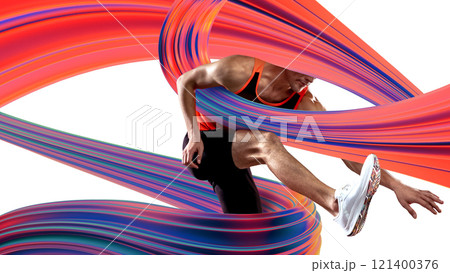 Poster. Contemporary art collage. Athlete in dynamic running motion with colorful trails, symbolizing power, determination, and relentless pursuit of victory. 121400376