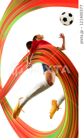 Poster. Contemporary art collage. Soccer player mid-air heading ball surrounded by vibrant trails, showcasing precision, teamwork, and energy in competition. 121400377