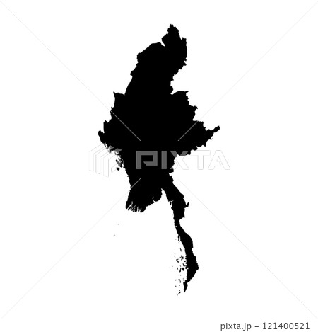 Myanmar high detailed vector representation of country silhouette in solid black on white background. For educational, decorative, or informational use showcasing the national outline. 121400521