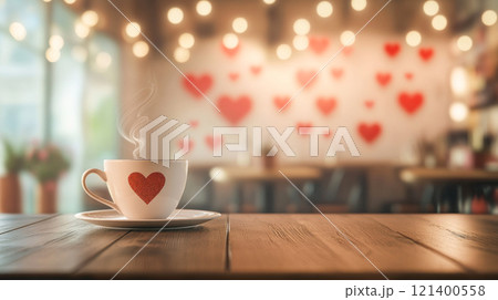 Cup of coffee with steam on empty wooden tabletop on blurred background of cafe decorated for Valentine's Day with red hearts 121400558