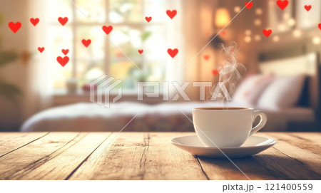 Cup of coffee with steam on wooden tabletop on blurred background of bedroom in romantic atmosphere 121400559