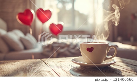 Cup of coffee with steam on wooden tabletop on blurred background of bedroom decorated for Valentine's Day with heart balloons 121400560