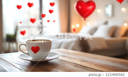 Cup of coffee with steam on wooden tabletop on blurred background of bedroom decorated for Valentine's Day with hearts 121400562