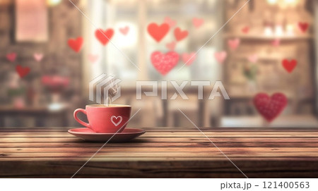 cup of coffee with steam on an empty wooden tabletop on a blurred background of a coffee shop decorated for Valentine's Day 121400563