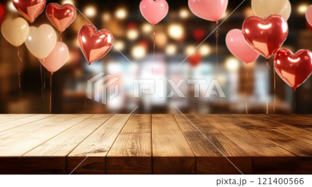 Empty wooden tabletop on blurred background of cafe decorated with heart balloons for Valentine's Day 121400566