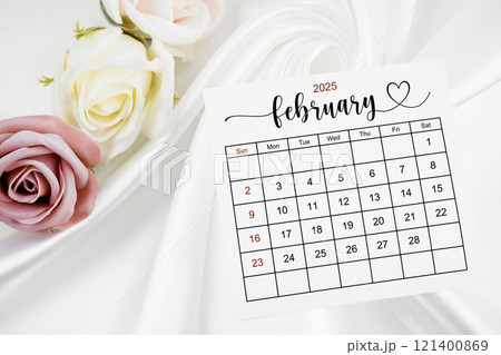 February 2025 calendar page and rose flower on white satin textile. 121400869