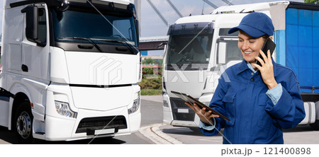 Female manager with a digital tablet and smartphone on the background of vans. Fleet management Female manager with a digital tablet and smartphone on the background of vans. Fleet management 121400898