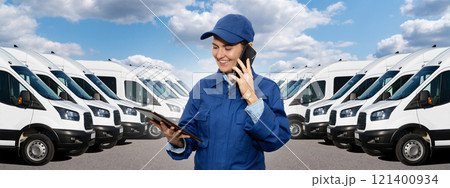 Female manager with a digital tablet and smartphone on the background of vans. Fleet management 121400934
