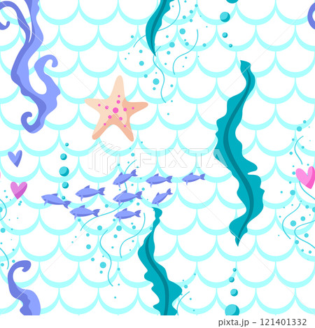Pattern with sea creations. Underwater decorative fish and algae texture. Pattern with sea creations. Underwater decorative fish and algae texture. 121401332