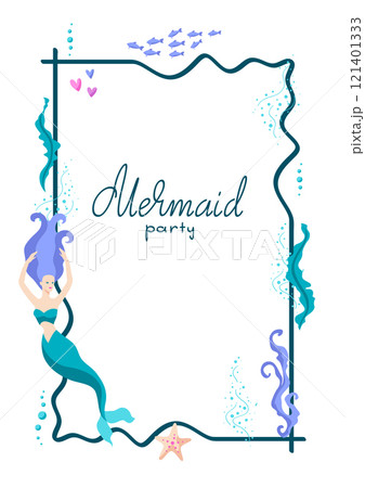 Frame with mermaid. Image of underwater wonder or fabulous creation. Frame with mermaid. Image of underwater wonder or fabulous creation. 121401333