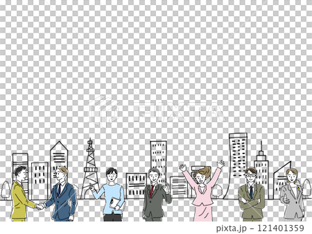 笑顔のビジネスパーソンと街並みの手描き線画 笑顔のビジネスパーソンと街並みの手描き線画 121401359