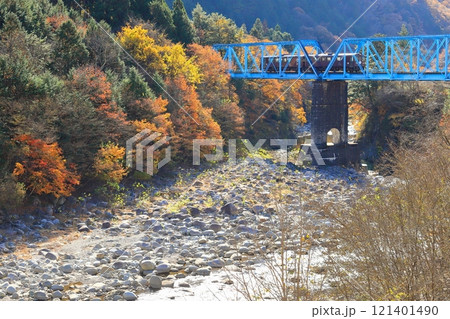 わたらせ渓谷鐵道「第二渡良瀬川橋梁の紅葉風景」 121401490