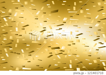 Falling confetti on blurred gradient golden abstract background vector illustration. Holographic yellow trendy graphic design for greeting card banner poster event celebration flyer party invitation 121401710