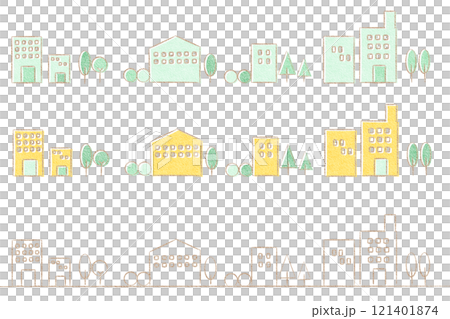 變形的房屋和樹木邊界 121401874