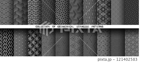 Geometric set of seamless black and gray patterns. Simple vector graphics. 121402583