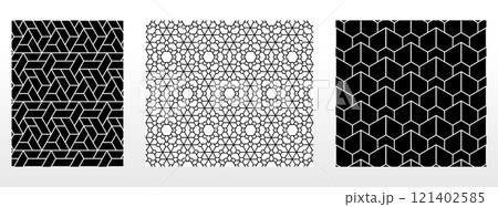 Geometric set of seamless black and white patterns. Simple vector graphics. 121402585