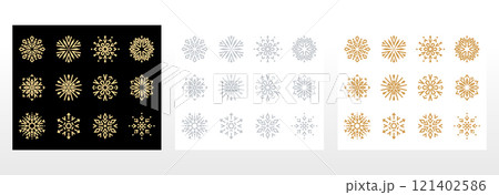 Snowflakes icon collection. Graphic modern black, golden and gray ornament 121402586