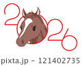茶色の馬と2026の赤い文字の午年の年賀状用イラスト 121402735