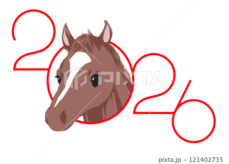 茶色の馬と2026の赤い文字の午年の年賀状用イラスト 121402735