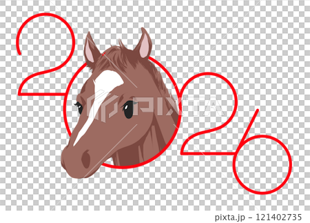茶色の馬と2026の赤い文字の午年の年賀状用イラスト 121402735