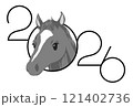 馬と2026の文字の午年の年賀状用モノクロイラスト 121402736
