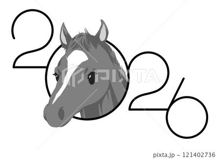 馬と2026の文字の午年の年賀状用モノクロイラスト 121402736