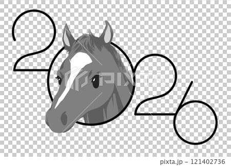 馬と2026の文字の午年の年賀状用モノクロイラスト 121402736
