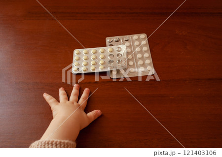 The child took out pills, the girl is playing with medical medicine, a one-year-old child can eat pills and not wake up, poison. Danger in the house, medicines are dangerous for young children. The child took out pills, the girl is playing with medical medicine, a one-year-old child can eat pills and not wake up, poison. Danger in the house, medicines are dangerous for young children. 121403106