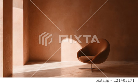 Sunlight illuminating a modern armchair in a minimal brown room 121403171