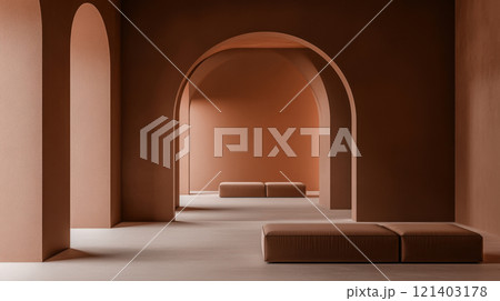 Modern minimalist interior design with arches and benches in orange tones 121403178