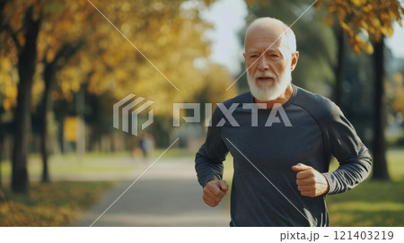 Senior man running in the park during autumn: embracing active lifestyle and healthy aging Senior man running in the park during autumn: embracing active lifestyle and healthy aging 121403219