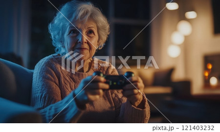 Elderly woman playing videogames at home in the evening Elderly woman playing videogames at home in the evening 121403232