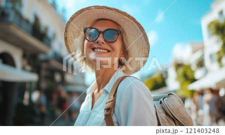Senior tourist woman visiting city center on summer vacation Senior tourist woman visiting city center on summer vacation 121403248