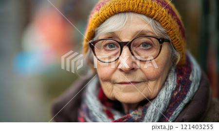 Portrait of confident senior woman wearing knitted winter hat and scarf Portrait of confident senior woman wearing knitted winter hat and scarf 121403255