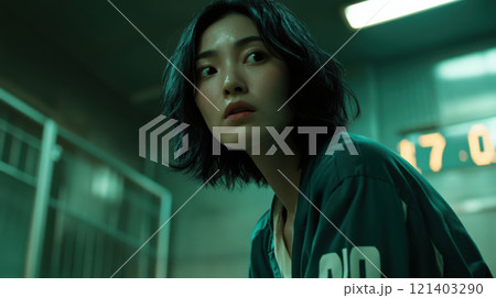 Young asian woman feeling scared in futuristic prison cell Young asian woman feeling scared in futuristic prison cell 121403290