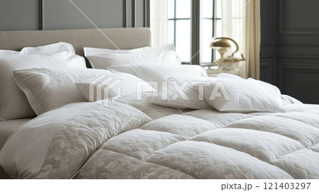 Luxurious white bedding invites a restful sleep in a comfortable king size bed Luxurious white bedding invites a restful sleep in a comfortable king size bed 121403297